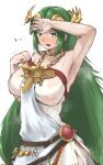  1girl arm_over_head armpits bare_arms bare_shoulders belt_buckle blush breasts buckle chiton circlet collarbone dress forehead_jewel gold_choker green_eyes green_hair half-closed_eyes highres jewelry kid_icarus kid_icarus_uprising large_breasts laurel_crown long_hair monoi_daru neck_ring palutena parted_bangs pendant side_slit solo strapless strapless_dress sweat sweatdrop translation_request very_long_hair white_dress 