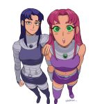  2girls artist_name blackfire blush breasts colored_sclera commentary dc_comics english_commentary full_body green_eyes green_sclera hand_on_another&#039;s_shoulder highres jenxd_d long_hair looking_at_viewer medium_breasts multiple_girls navel open_mouth purple_eyes purple_hair red_hair siblings simple_background sisters skirt sleeveless smile starfire teen_titans teeth upper_teeth_only white_background wide-eyed 