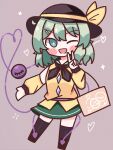  +_+ 1girl ;d absurdres bag black_headwear black_ribbon blush blush_stickers bow buttons detached_sleeves diamond_button green_eyes green_hair green_skirt handbag hat hat_bow heart heart_of_string highres komeiji_koishi light_green_hair looking_at_viewer medium_hair one_eye_closed open_mouth ribbon shirt simple_background skirt smile solo sparkle standing standing_on_one_leg third_eye touhou v waroemon yellow_bow yellow_shirt 