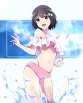  1girl :d bikini black_hair bow breasts commentary_request gekijouban_hibike!_euphonium hair_bow hibike!_euphonium highres hisaishi_kanade looking_at_viewer medium_breasts navel nii_manabu open_mouth pink_bikini short_hair smile solo standing swimsuit water white_bow yellow_eyes 