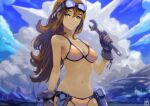  1girl absurdres adjustable_wrench bikini breasts brown_eyes brown_hair cloud commentary gloves goggles goggles_on_head highres long_hair looking_at_viewer medium_breasts navel okuto original outdoors smile solo swimsuit wrench 