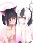  2girls animal_ears black_choker black_hair blue_archive blush bow breasts cat-shaped_neckwear cat_ears cat_girl choker commentary_request earrings flame_tsukushi from_side frown hair_between_eyes halo highres horns jewelry kayoko_(blue_archive) kazusa_(blue_archive) leaning_forward looking_at_viewer looking_back medium_hair multicolored_hair multiple_girls nipples pale_skin pink_hair ponytail red_bow slit_pupils small_breasts smile streaked_hair topless two-tone_hair upper_body white_hair wings 