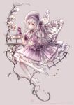  1girl bonnet bow bug butterfly flower food gloves hane_segawa high_heels highres lolita_fashion macaron original pink_eyes purple_gloves simple_background sitting solo white_hair yellow_gemstone 