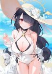  1girl absurdres bare_shoulders beach bikini black_choker black_hair blue_archive blue_sky braid braided_ponytail breasts choker cleavage cloud collarbone cross cross_earrings day earrings flower hair_over_one_eye halo hand_up hat hat_flower highres hinata_(blue_archive) hinata_(swimsuit)_(blue_archive) jewelry large_breasts layered_bikini leaning_forward long_hair one-piece_swimsuit outdoors parted_lips red_eyes rose single_earring sky solo straw_hat sun_hat swimsuit thigh_gap very_long_hair white_flower white_one-piece_swimsuit white_rose yukineko1018 