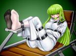  1girl albyee asymmetrical_legwear ball_gag black_socks bound bound_arms bound_thighs breasts brown_eyes c.c. cameltoe chair code_geass commentary commission english_commentary feet feet_up foot_focus full_body gag gradient_background green_background green_hair knees_up large_breasts leaning_back long_hair long_sleeves looking_at_viewer mismatched_legwear no_shoes pants saliva saliva_drip see-through see-through_legwear sidelocks socks soles solo straitjacket toes white_pants white_socks 