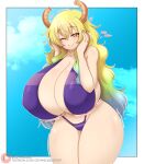 &lt;3 absurd_res animal_humanoid ara_ara big_breasts bikini blonde_hair blue_background blue_hair breasts clothing cloud collarbone crysnickel curved_horn curvy_figure dot_nose dragon dragon_humanoid eyelashes female glistening glistening_body glistening_skin gradient_hair green_hair hair hand_on_face hi_res horn horned_humanoid huge_breasts humanoid kobayashi-san_chi_no_maidragon miss_kobayashi&#039;s_dragon_maid motion_lines purple_bikini purple_clothing purple_swimwear quetzalcoatl_(dragon_maid) simple_background sky smile solo standing swimwear thick_thighs voluptuous w_arms wide_hips yellow_eyes 