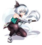  1girl alternate_costume black_hairband black_ribbon bob_cut bow_hairband elbow_gloves geta gloves green_eyes green_vest hair_ribbon hairband hitodama katana konpaku_youmu konpaku_youmu_(ghost) open_clothes open_vest ribbon scabbard sheath shimizu_pem short_hair solo sword tabi touhou vest wakizashi weapon white_hair 