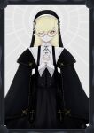  1girl absurdres bespectacled black_border black_dress blonde_hair border closed_mouth constricted_pupils cross dress framed glasses habit highres jerrykasker16 long_hair monogatari_(series) nun oshino_shinobu own_hands_clasped own_hands_together robe round_eyewear solo veil yellow_eyes 