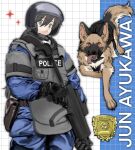  ambiguous_gender canid canine canis character_name clothed clothing dayohiko domestic_dog duo female feral german_shepherd gun herding_dog hi_res human mammal pastoral_dog police_badge police_uniform ranged_weapon red_eyes tongue tongue_out uniform weapon 