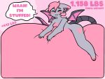  4:3 anthro bat belly big_belly blush blush_lines breasts dialogue eyes_closed featureless_breasts female food fur grey_body grey_fur growth_drive hair hand_on_stomach hi_res hyper hyper_belly immobile lying mammal nude on_front overweight pink_hair pom_(pompuffy) pompuffy_(artist) smile solo speech_bubble stuffing tail text thick_thighs wings 