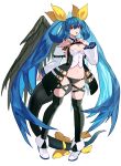  1girl absurdres angel_wings arere_r asymmetrical_wings bare_shoulders black_thighhighs blue_hair blush bow breasts cleavage detached_sleeves dizzy_(guilty_gear) full_body guilty_gear guilty_gear_xrd hair_ribbon hair_rings highres large_breasts long_hair looking_at_viewer monster_girl navel open_mouth red_eyes ribbon simple_background smile standing tail tail_bow tail_ornament tail_ribbon thighhighs twintails white_background white_sleeves wings yellow_ribbon 