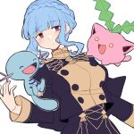  1girl blue_hair blunt_bangs braid crossover crown_braid do_m_kaeru fire_emblem garreg_mach_monastery_uniform hoppip marianne_von_edmund open_mouth pokemon smile upper_body white_background wooper 