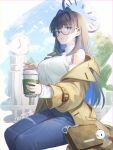  1girl bag blue_eyes blue_hair breasts brown_coat clock coat cup dated denim disposable_cup glasses hair_intakes halo handbag highres hololive hololive_english ika_(4801055) jeans large_breasts long_hair ouro_kronii pants signature sitting virtual_youtuber 