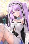  1girl bare_shoulders blush breasts detached_sleeves dress euryale_(fate) euryale_(lostroom_outfit)_(fate) fate/grand_order fate_(series) gloves green_gloves hairband highres long_hair looking_at_viewer parted_bangs purple_eyes purple_hair shinsaku_(stan-art) sidelocks sitting small_breasts smile solo thighs twintails very_long_hair white_dress wide_sleeves 