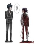  2boys :d black_footwear black_jacket black_pants blood blood_on_clothes blood_on_face buttons danganronpa_(series) danganronpa_v3:_killing_harmony double-breasted excessive_blood eye_contact grey_background grey_jacket grey_pants hand_in_pocket highres jacket kasou_(roomno404_) looking_at_another looking_to_the_side multiple_boys oma_kokichi open_mouth pants profile saihara_shuichi shoes simple_background smile speech_bubble translation_request 