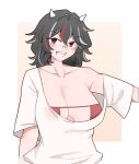  1girl alternate_costume arm_behind_back black_hair blush bra breasts cleavage grin hair_between_eyes highres horns kijin_seija large_breasts long_hair looking_at_viewer mata_(matasoup) messy_hair multicolored_hair off_shoulder outstretched_arm red_bra red_eyes red_hair sharp_teeth shirt slit_pupils smile solo streaked_hair teeth touhou underwear upper_body white_hair white_shirt 