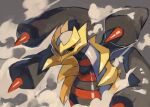  black_sclera colored_sclera commentary_request gara_(qbeuxvii22) giratina giratina_(origin) grey_background highres horns looking_to_the_side no_humans pokemon pokemon_(creature) red_eyes smoke solo spikes upper_body 