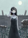  1girl absurdres bell black_dress black_eyes black_hair closed_mouth day dress highres holding long_hair looking_at_viewer okura_lino original outdoors ruins scenery sky solo sun 