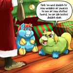  ambiguous_gender baby_talk blonde_hair blue_body blue_fur christmas dialogue english_text feral fluffy_pony fluffy_pony_(species) fur gift green_body green_fur grinch group hair hi_res holidays humanoid inshi orange_eyes red_eyes red_hair text trio 
