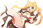  1girl :d animal_ear_fluff animal_ears arch_mage_(ragnarok_online) bangs blonde_hair blush boots breasts brown_capelet brown_dress brown_gloves capelet cat_ears commentary_request crescent dress emurin full_body fur-trimmed_boots fur-trimmed_capelet fur-trimmed_gloves fur_trim gloves gold_trim green_eyes highres holding holding_wand long_hair looking_at_viewer open_mouth panties pantyshot ragnarok_online short_dress small_breasts smile solo star_(symbol) twintails two-tone_dress underwear wand white_dress white_footwear white_panties 