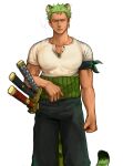  1boy animal_ears annoyed dongdy_tk green_hair green_tail highres muscular muscular_male one_piece pants roronoa_zoro shirt simple_background sword tail tiger_ears tiger_tail weapon white_background white_shirt 