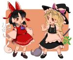  2girls bare_shoulders black_footwear black_hair black_headwear black_skirt black_vest blonde_hair blush_stickers bow braid broom brown_eyes chamaruk detached_sleeves hair_bow hair_tubes hakurei_reimu hat holding holding_broom japanese_clothes kirisame_marisa legacy_of_lunatic_kingdom long_hair medium_hair mochi_(touhou) multiple_girls nontraditional_miko open_mouth red_bow red_skirt ribbon-trimmed_sleeves ribbon_trim shirt shoes short_sleeves sidelocks single_braid skirt smile socks touhou unfinished_dream_of_all_living_ghost vest white_shirt white_sleeves white_socks wide_sleeves witch_hat 