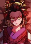  1girl angry aosora2823 black_hair daki_(kimetsu_no_yaiba) demon forehead highres japanese_clothes kimetsu_no_yaiba looking_at_viewer non-web_source slit_pupils solo veins yellow_eyes 