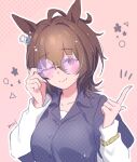  1girl adjusting_eyewear agnes_tachyon_(umamusume) ahoge alternate_costume animal_ears artist_name black_shirt botantouki breasts brown_hair closed_mouth hands_up highres horse_ears index_finger_raised long_sleeves medium_hair notice_lines one_eye_closed round_eyewear shirt shirt_under_shirt small_breasts smile solo sunglasses umamusume upper_body 