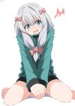  1girl absurdres between_legs blue_eyes bow commentary_request cynical_(llcbluckg_c004) eromanga_sensei green_jacket grey_hair hair_between_eyes hair_bow hand_between_legs highres izumi_sagiri jacket light_blush long_hair long_sleeves low-tied_long_hair no_pants open_mouth partial_commentary pink_bow simple_background sitting sleeves_past_wrists solo wariza white_background 