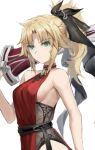  1girl bare_shoulders belt blonde_hair braid breasts clarent_(fate) dress fate/apocrypha fate_(series) french_braid green_eyes hair_ribbon highres long_hair looking_at_viewer mordred_(fate) mordred_(fate/apocrypha) parted_bangs ponytail red_dress ribbon sideboob sidelocks small_breasts solo sword tonee weapon 