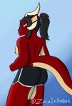 absurd_res anthro black_hair bottomwear breasts butt clothing dragon female gym_bottomwear gym_clothing gym_shorts hair hi_res horn nipples ponytail rear_view red_body shorts solo tail zelainthedark 