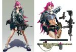  1girl absurdres assault_rifle at4 blue_shirt camouflage denim denim_shorts feet fishnet_pantyhose fishnets grey_background grey_jacket grey_tank_top gun handgun highres jacket long_hair multiple_views original pantyhose pink_hair rifle rocket_launcher shadow shirt shorts solo stomach tank_top thighs toeless_footwear torn_clothes utsuda weapon weapon_request white_background woodland_camouflage 