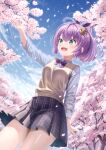  absurdres azur_lane azur_lane:_slow_ahead blue_sky bow bowtie cherry_blossoms commentary cross_hair_ornament crown fluno green_eyes hair_ornament highres javelin_(azur_lane) javelin_(slow_ahead!)_(azur_lane) mini_crown miniskirt outdoors pleated_skirt purple_hair school_uniform skirt sky sleeveless sleeveless_sweater smile sweater 