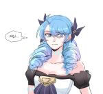  1girl ahoge bare_shoulders black_bow black_dress blue_eyes blue_hair bow breasts cleavage dress gwen_(league_of_legends) hair_bow large_breasts league_of_legends long_hair looking_at_viewer solo teeth thought_bubble upper_body white_dress xayahsona_27 