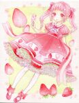  1girl absurdres amu_(m_aa) dress flower food food_print frilled_dress frills fruit full_body highres holding holding_food holding_popsicle marker_(medium) open_mouth original painting_(medium) pantyhose pink_hair popsicle red_dress red_footwear red_ribbon ribbon short_sleeves strawberry strawberry_print strawberry_slice traditional_media twintails watercolor_(medium) white_flower white_pantyhose 