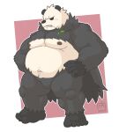  2023 anthro belly big_belly black_body black_nose generation_6_pokemon goyemon_k hi_res kemono leaf male moobs nintendo nipples overweight overweight_male pangoro pokemon pokemon_(species) simple_background solo white_body 