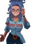  1girl adjusting_eyewear akisame_kanon belt black_hair collared_shirt dark-skinned_female dark_skin fringe_trim glasses grey_eyes hand_on_eyewear highres holding jewelry long_hair looking_at_viewer pokemon pokemon_(game) pokemon_sv ponytail raifort_(pokemon) semi-rimless_eyewear shirt shirt_partially_tucked_in smile solo under-rim_eyewear 