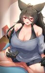  animal_humanoid big_breasts black_hair breasts cleavage clothed clothing controller female hair hi_res holding_controller holding_object humanoid solo tylwing 