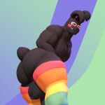  3:4 3d_(artwork) anthro anxiboi balls biceps big_balls big_butt big_penis black_body black_fur brush butt clothing demon digital_media_(artwork) ear_piercing ear_ring footwear fur genitals hi_res humanoid_genitalia lagomorph leporid lgbt_pride long_ears looking_at_viewer looking_back male mammal muscular muscular_anthro muscular_male pecs penis piercing pose pride_color_accessory pride_color_clothing pride_color_flag pride_colors rabbit red_eyes ring_piercing short_tail socks solo tail thick_thighs 