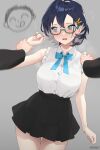  1girl absurdres bare_arms bare_shoulders black_skirt blue_archive blue_hair blue_ribbon chihiro_(blue_archive) futsukayoi glasses green_eyes hair_ornament hairpin highres looking_at_viewer ribbon shirt skirt thighs white_shirt 