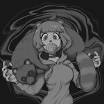  1girl abstract_background alternate_costume animal_ears animal_nose animal_on_shoulder bob_cut breasts bright_pupils bubble_blowing chewing_gum choker commentary covered_mouth drawstring floating_hair greyscale hands_up highres hood hood_down hoodie large_breasts leaf leaf_on_head long_sleeves looking_at_viewer mask mask_pull mode_aim monochrome mouth_mask ponpoko_(vtuber) raccoon_ears raccoon_girl short_hair solo tanuki upper_body uyakan virtual_youtuber w_arms 