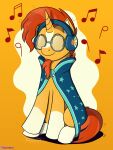  2023 beard cape clothing digital_media_(artwork) equid equine eyes_closed eyewear facial_hair feral friendship_is_magic glasses hair happy hasbro headphones heartbeat_pony hi_res horn male mammal mane musical_note my_little_pony orange_hair orange_mane orange_tail signature smile solo sunburst_(mlp) tail unicorn 