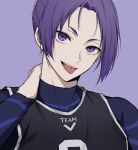  1boy blue_lock bodysuit commentary_request hand_on_own_neck highres long_sleeves looking_at_viewer male_focus mikage_reo moco_(1553561764583079936) purple_background purple_eyes purple_hair simple_background soccer_uniform solo sportswear teeth tongue tongue_out upper_teeth_only 