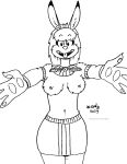  2023 anthro black_and_white bottomwear breasts buckteeth clothed clothing dipstick_ears egyptian_clothing female fur hair hester hi_res lagomorph leporid mammal monochrome multicolored_ears navel nipples offering_hug pawpads rabbit skirt smile smiling_at_viewer solo teeth tegerio topless 