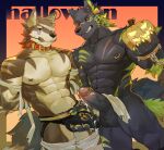  2022 abs absurd_res anthro balls biped canid canine canis duo erection gag genitals halloween hi_res holidays humanoid_genitalia humanoid_penis jack-o&#039;-lantern kitai_su male mammal muscular muscular_anthro muscular_male nipple_piercing nipples penis piercing wolf 