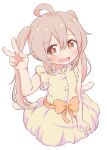  1girl :d ahoge arm_at_side arm_up bare_arms blush bow breasts bright_pupils brown_eyes buttons dress dress_bow frilled_dress frills from_above full_body furrowed_brow hair_between_eyes light_brown_hair long_dress long_hair looking_at_viewer onii-chan_wa_oshimai! open_mouth orange_bow oyama_mahiro simple_background sleeveless sleeveless_dress small_breasts smile solo twintails v white_background yellow_dress yuu_kurema 