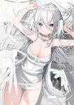  1girl absurdres angel angel_wings arms_up bangs bare_arms bare_shoulders breasts cleavage closed_mouth commentary_request dress feathered_wings flower grey_eyes grey_hair hair_between_eyes halo highres kamioka_shun&#039;ya large_breasts long_hair looking_at_viewer low_wings lying on_back original panties rose sleeveless sleeveless_dress solo two_side_up underwear very_long_hair white_flower white_panties white_rose white_wings wings 