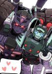  1boy 1girl afadaddy armor blue_eyes can&#039;t_be_this_cute decepticon highres humanoid_robot mask nickel_(transformers) purple_mask red_eyes robot scar scar_across_eye size_difference tarn the_transformers_(idw) transformers v 