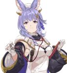  1girl animal_ears breasts cleavage cleavage_cutout clipboard closed_mouth clothing_cutout detached_sleeves gloves granblue_fantasy grey_eyes hair_ornament hat holding holding_clipboard holding_stethoscope long_hair looking_at_viewer nos nurse_cap purple_hair shirt simple_background small_breasts smile solo stethoscope tikoh upper_body white_background white_gloves white_shirt 