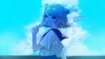  1girl blue_sky blue_theme blurry cevio cloud commentary_request depth_of_field double_bun eating floating_hair food from_side hair_bun hair_ornament hairclip hand_up highres holding_popsicle koharu_rikka light_blush looking_at_viewer looking_to_the_side midriff_peek open_mouth pleated_skirt popsicle school_uniform serafuku short_hair short_sleeves sirotuki skirt sky solo summer_uniform sweat synthesizer_v upper_body 